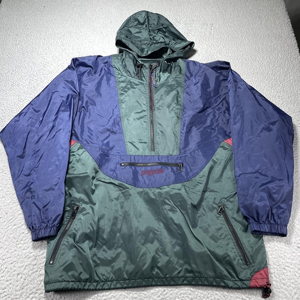 Vintage JanSport Jacket Mens XL Green Colorblock 1/2 Zip Hooded Windbreaker 90s